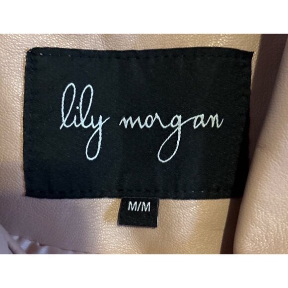 Lily Morgan Moto Jacket Womens Faux Leather M Light Pink Zipper Pockets Belted - Picture 5 of 8